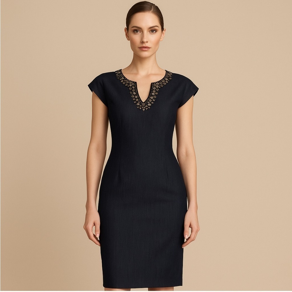 Sandra Darren Embellished Denim Sheath Dress – Size 12P